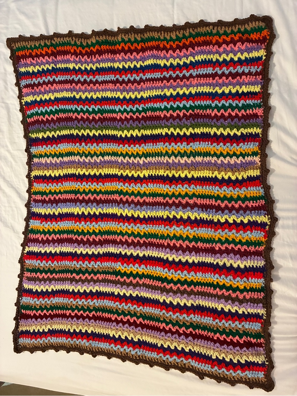 Handmade Vintage Multicolor Crochet Throw Blanket with Brown Trim 42” x 33”